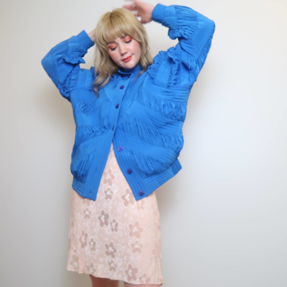 Vintage 80s Perlita blue silk ruched track jacket - Picture 4 of 8